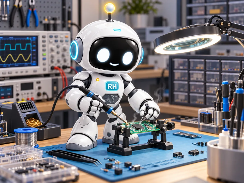 RH-Bot lodder på et controller-board i et elektronikværksted