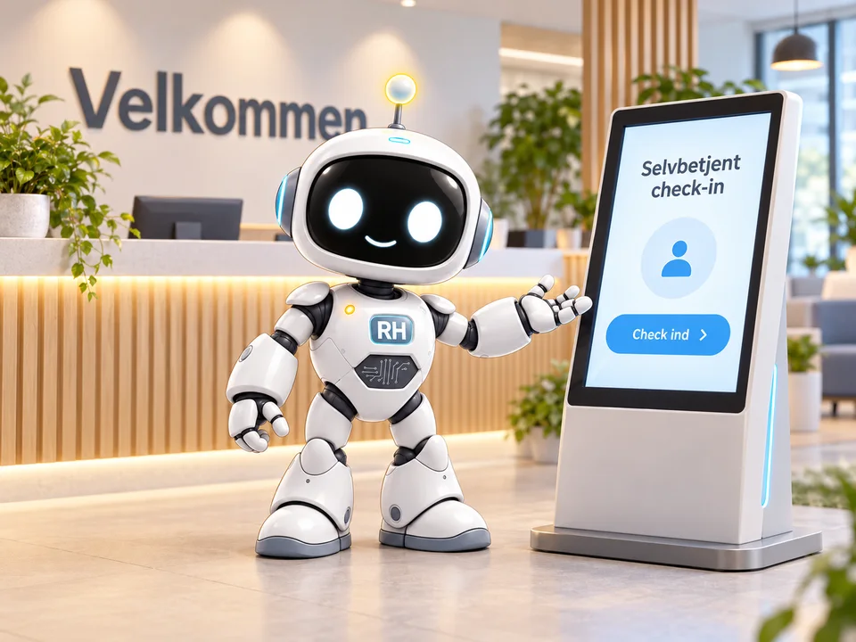 RH-Bot i en kontorreception med en check-in-skærm
