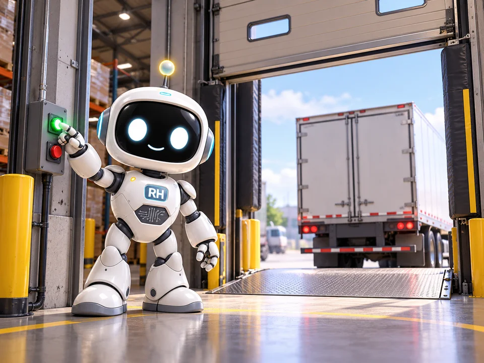 RH-Bot ved en lagerport med en lastbil