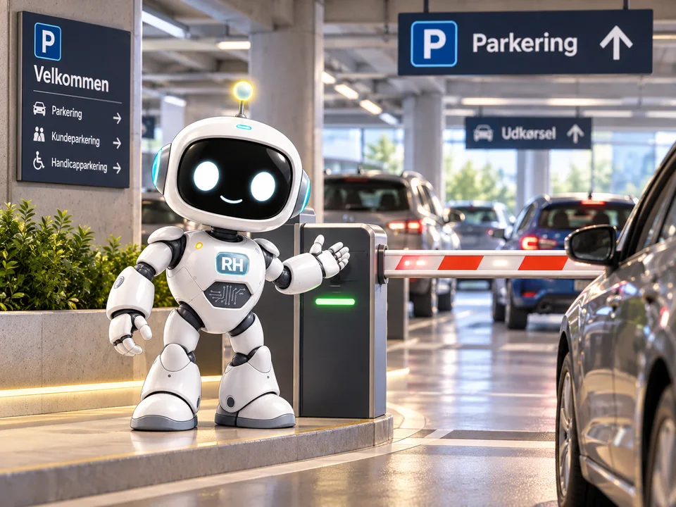 RH-Bot ved en bom i et parkeringsanlæg