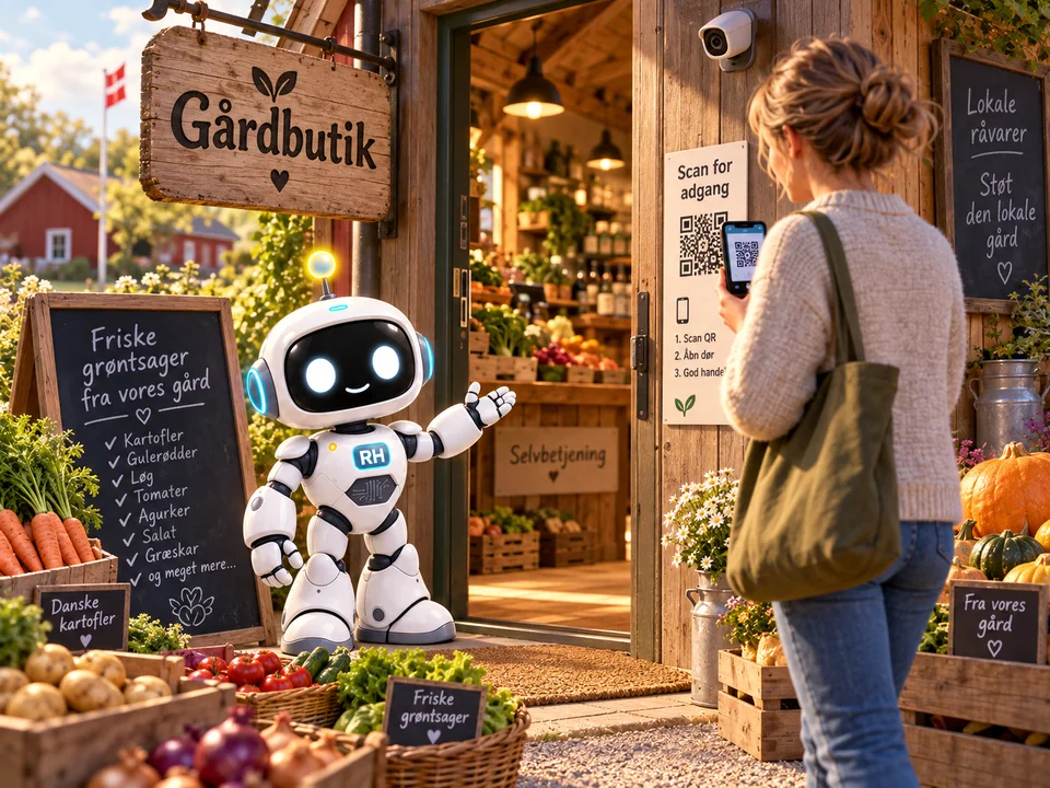 RH-Bot viser ind i en selvbetjent gårdbutik, mens en kunde scanner QR-koden ved døren med mobilen, og et kamera over døren holder øje
